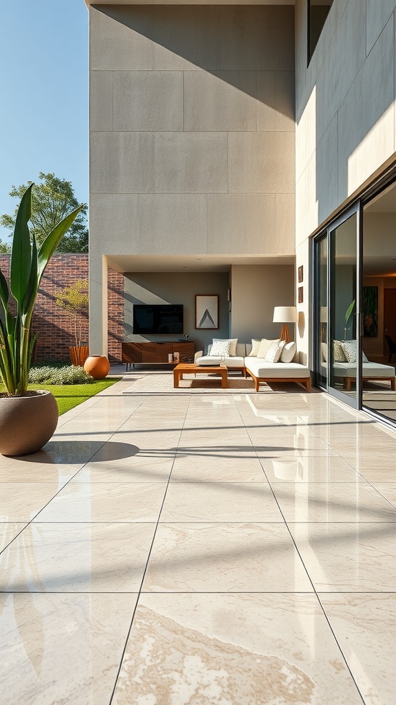 Sleek modern patio with glossy epoxy flooring and stylish outdoor furniture.