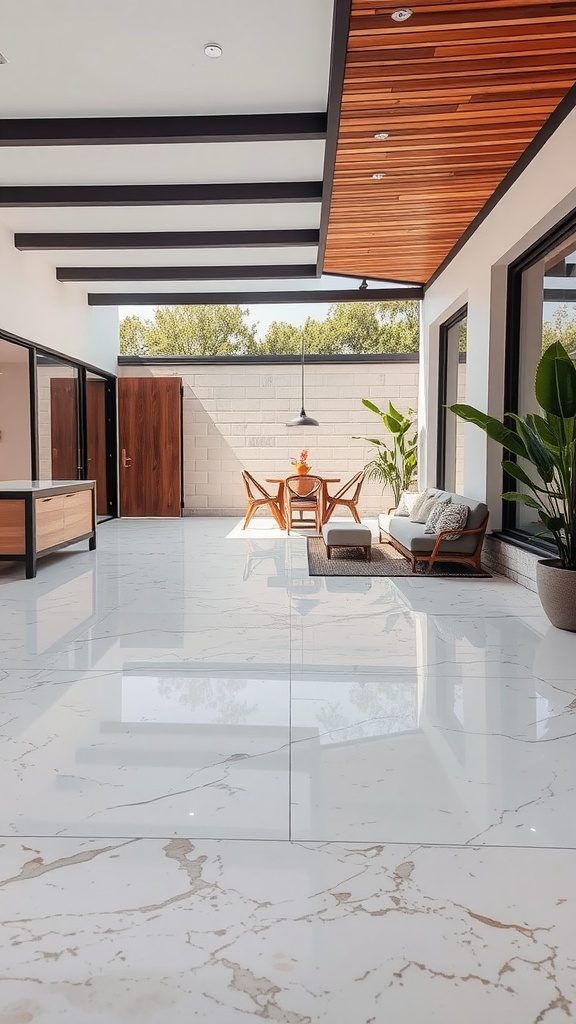 A bright and elegant patio with marble epoxy flooring and modern furniture.