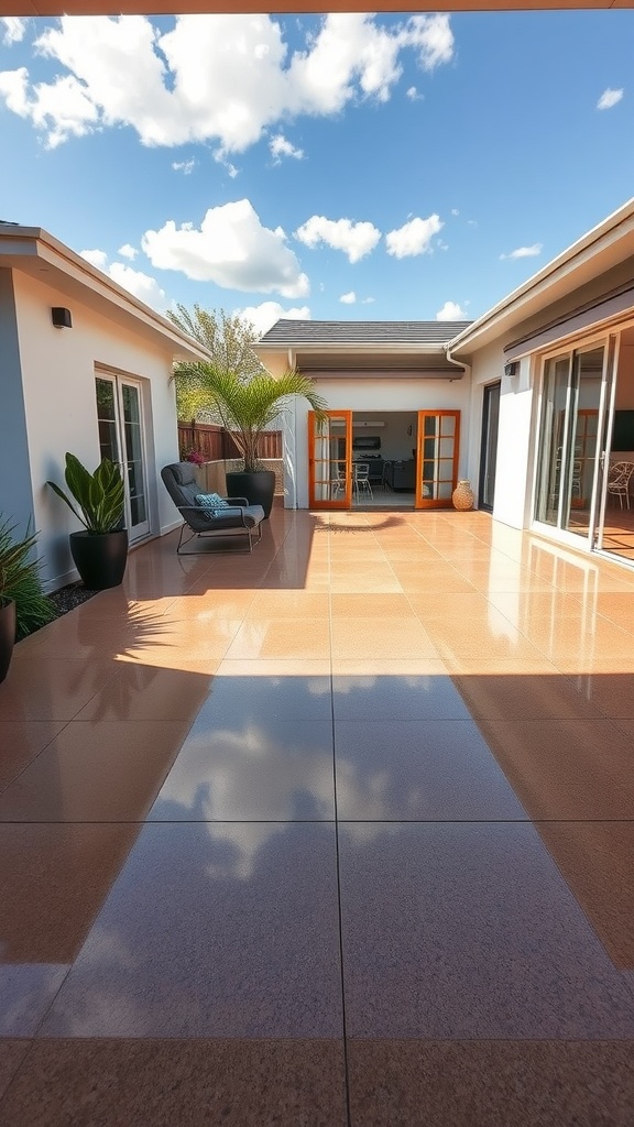 A bright outdoor patio featuring polished epoxy flooring, surrounded by plants and modern architecture.