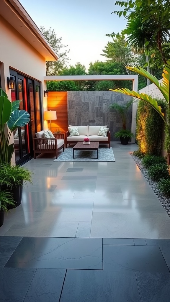An elegant living room with a glossy epoxy floor and modern furniture.