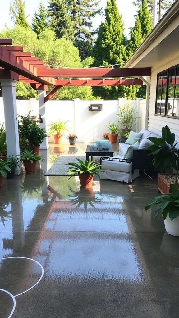 A beautifully coated outdoor epoxy patio with potted plants and seating.