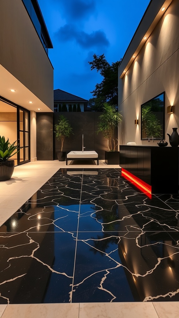 A luxurious outdoor patio featuring a black epoxy floor with white veining, surrounded by modern architecture and ambient lighting.