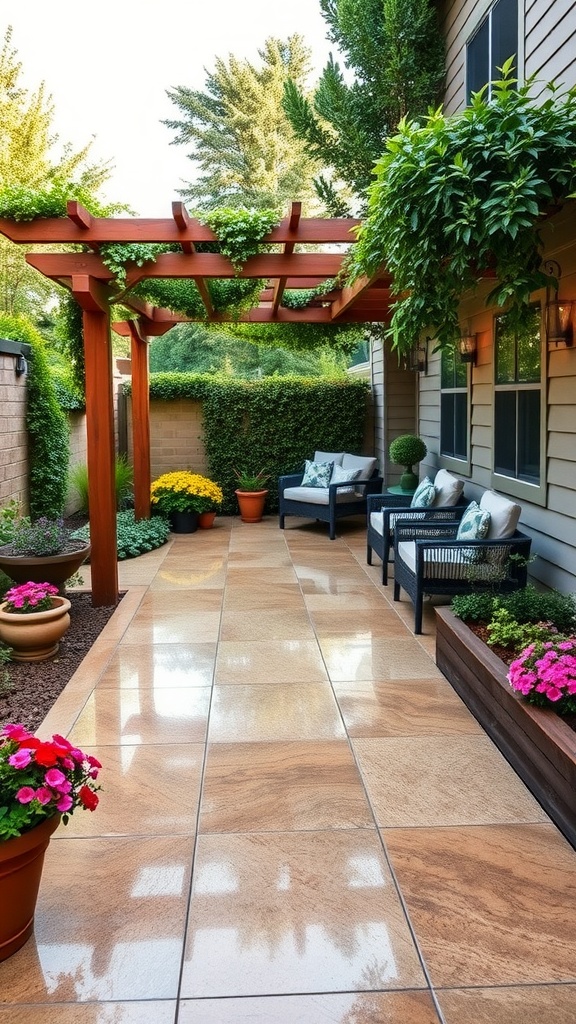 Stylish outdoor epoxy patio with polished concrete and wood-like finish, showcasing modern design elements.