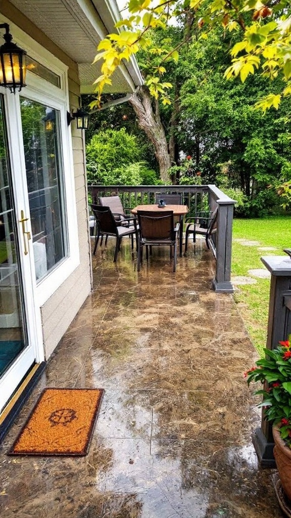 A beautiful outdoor patio with a table and chairs, surrounded by greenery.