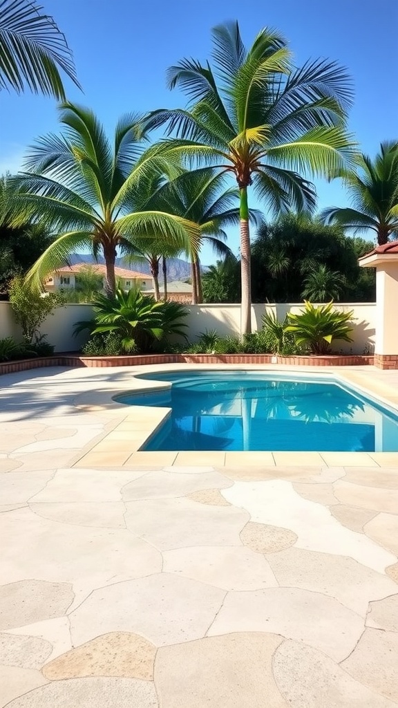 A beautiful outdoor pool area with palm trees and a well-designed epoxy deck.