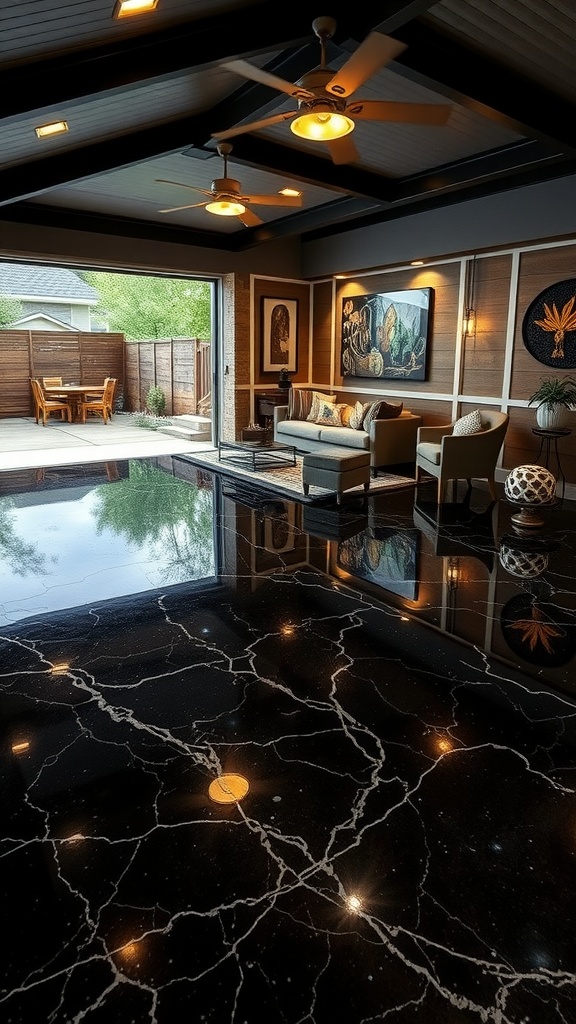 Luxurious black marble epoxy floor in a modern indoor space connected to an outdoor patio