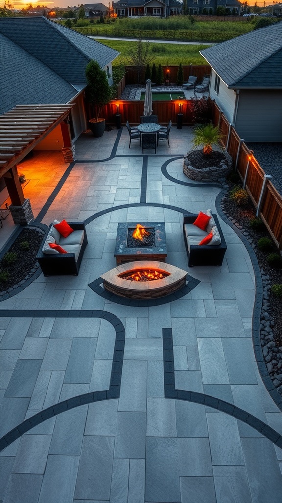 A beautifully designed stamped concrete patio featuring a central fire pit, surrounded by seating and decorative borders.