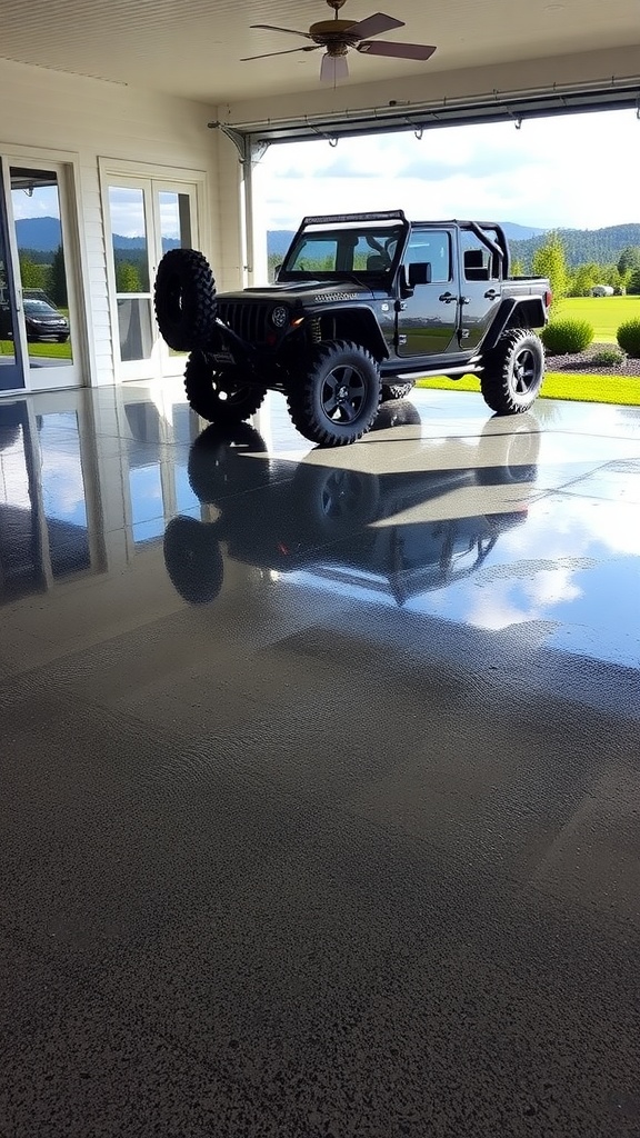Before and after photos of a garage floor transformation showcasing epoxy flooring.
