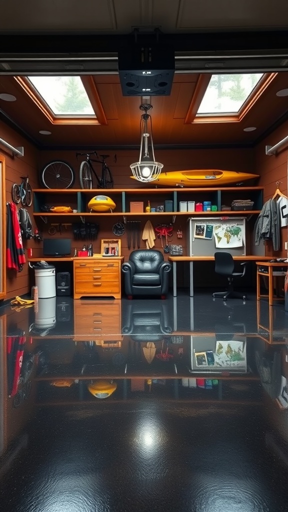 A well-organized garage with dark epoxy floor, outdoor gear storage, and cozy seating area.