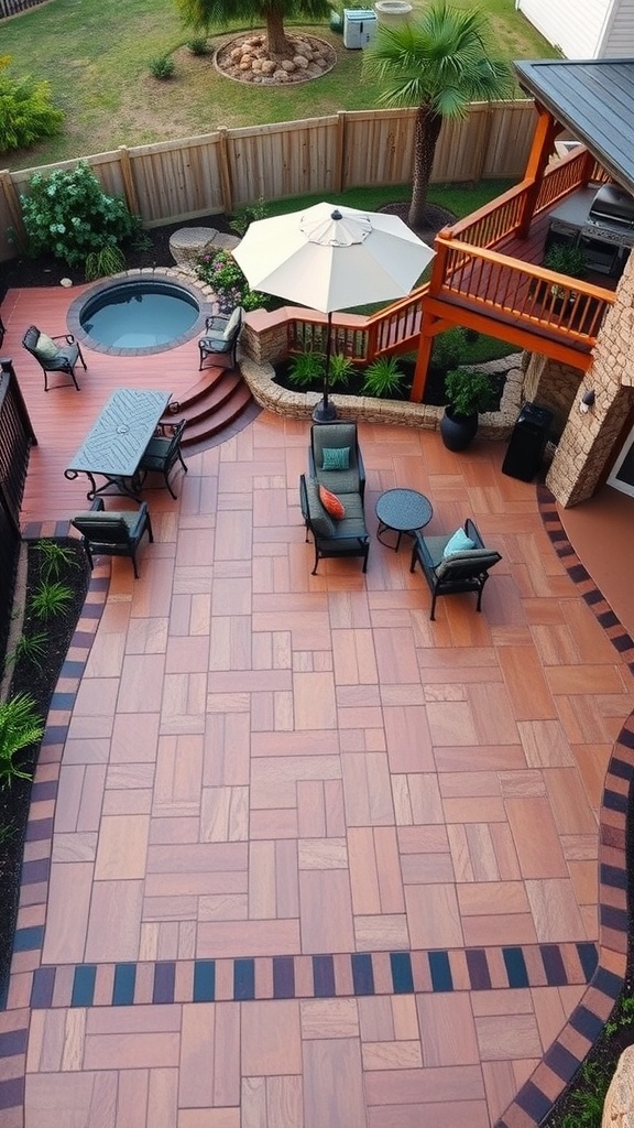 Aerial view of a stamped concrete patio with a wooden deck, seating area, and a small pool.