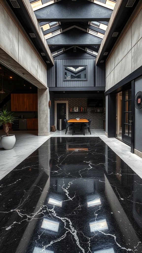 A modern indoor space featuring a shiny black epoxy floor with white marble-like veins, surrounded by a well-lit area and contemporary design elements.