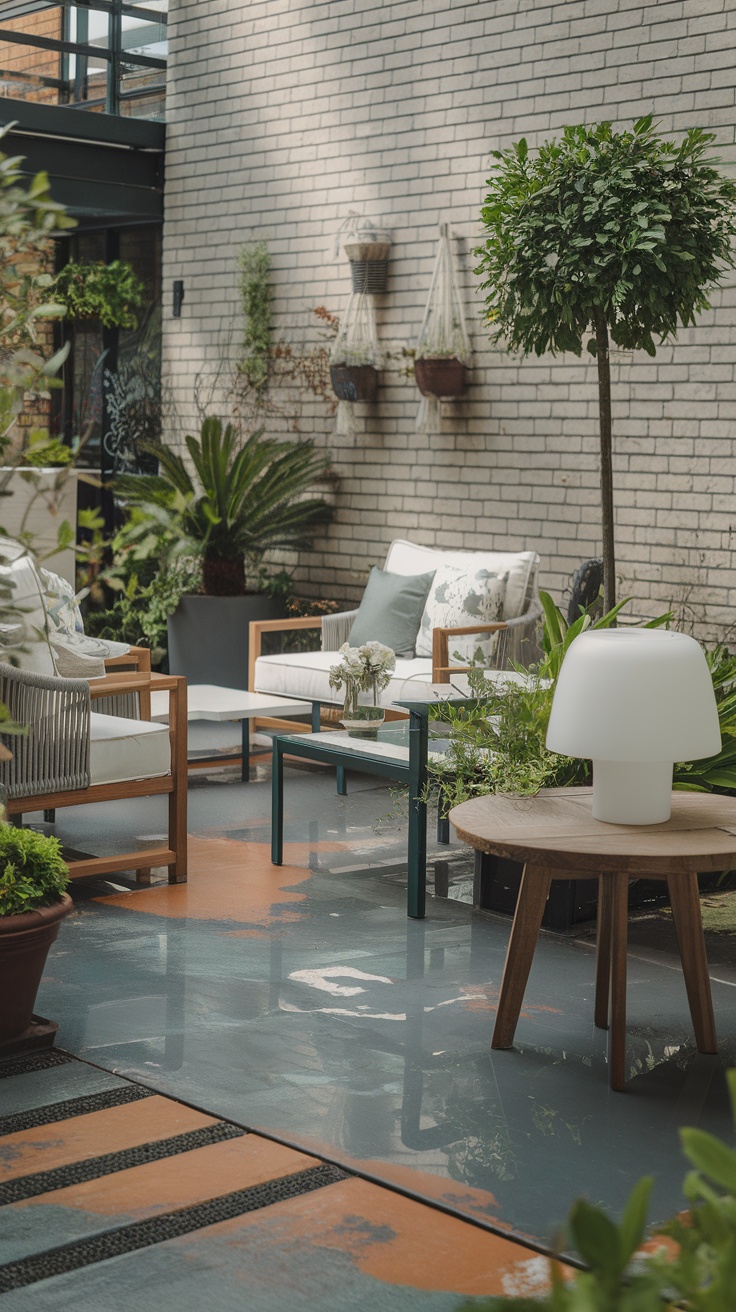 Stylish outdoor living space with polished cement flooring, modern furniture, and greenery.