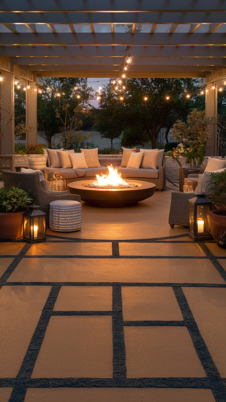 Cozy outdoor living area featuring epoxy flooring, a fire pit, and comfortable seating.
