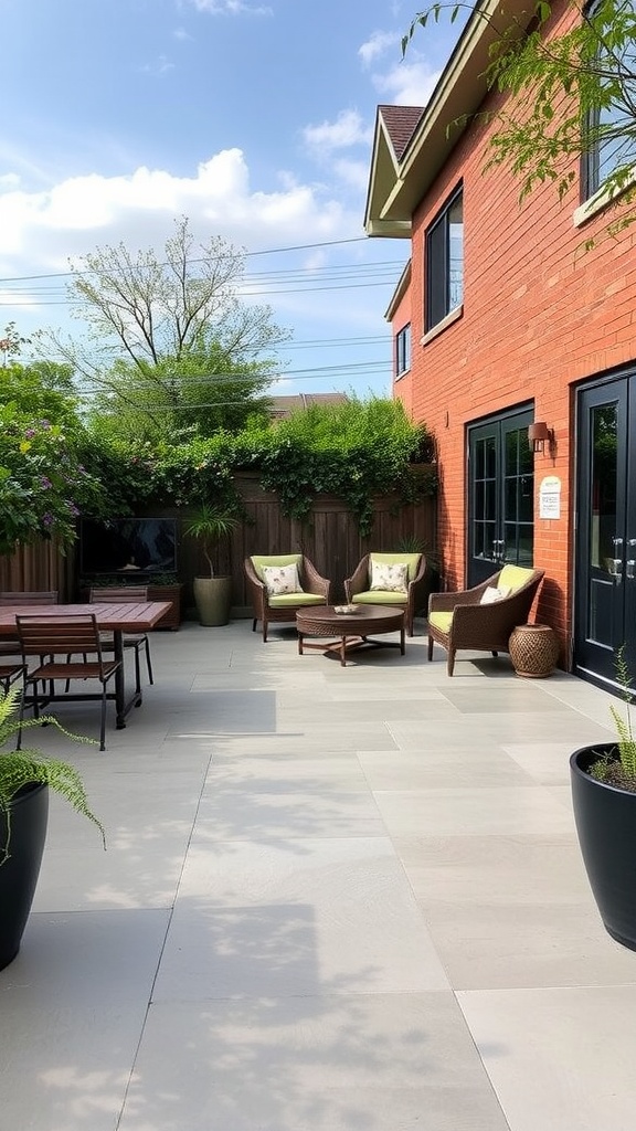A serene outdoor patio with epoxy flooring, comfortable seating, and lush greenery.