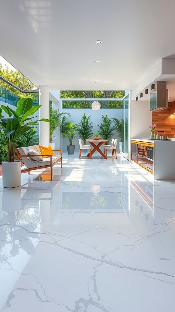 Modern outdoor patio with white epoxy flooring and natural plants