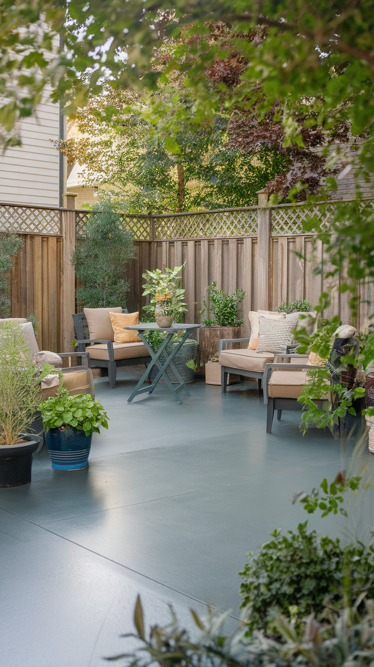 A cozy outdoor patio with epoxy coating, featuring comfortable seating, potted plants, and a small table, surrounded by greenery.