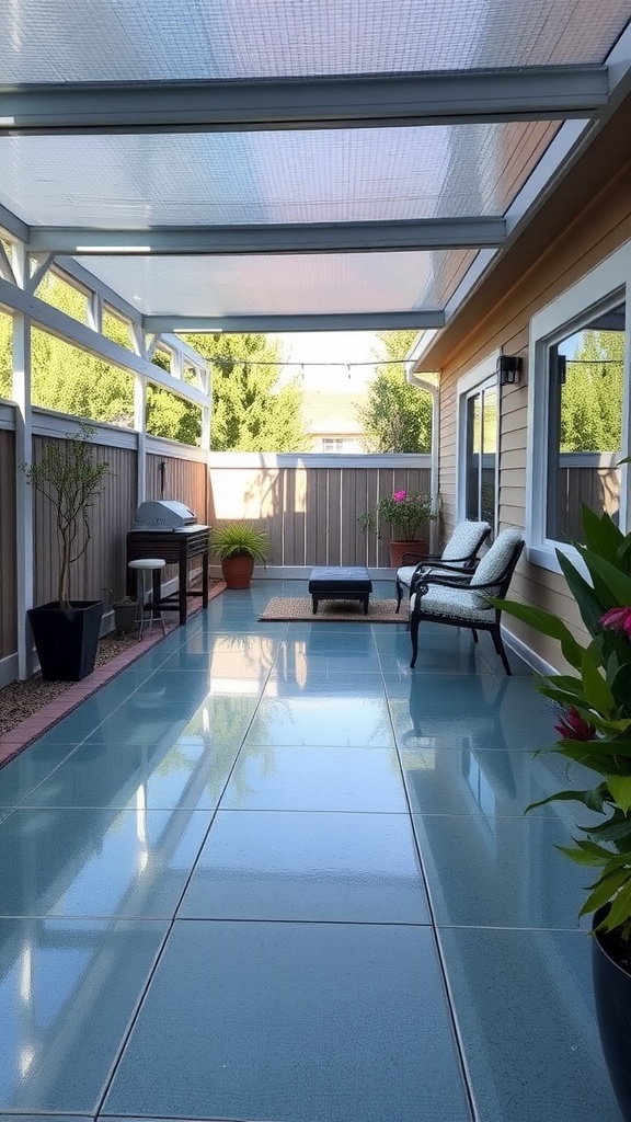 A stylish outdoor patio area with a smooth epoxy-coated floor, featuring a unique design in gray and black.