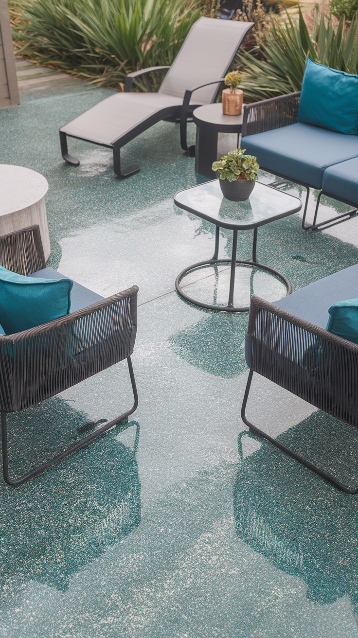 Outdoor patio with epoxy flake coating featuring chairs, table, and greenery.