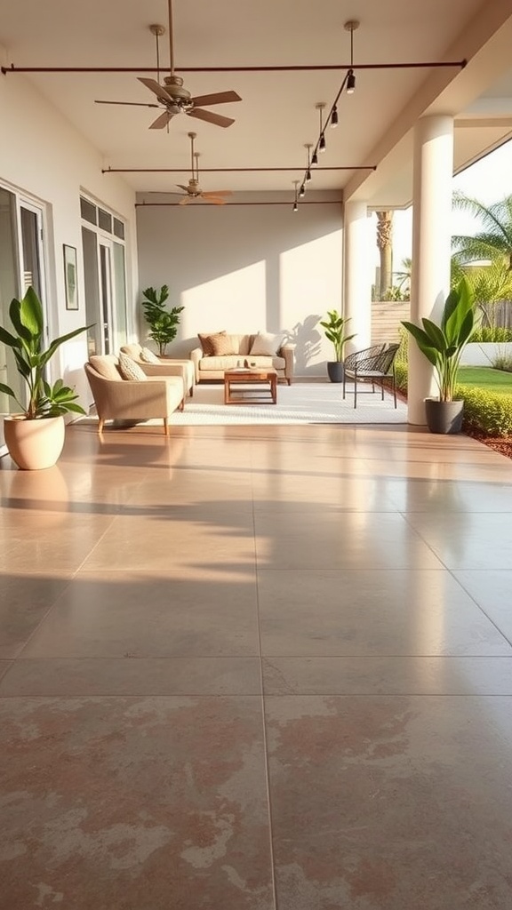 A bright outdoor patio with polished concrete flooring, modern furniture, and lush plants.