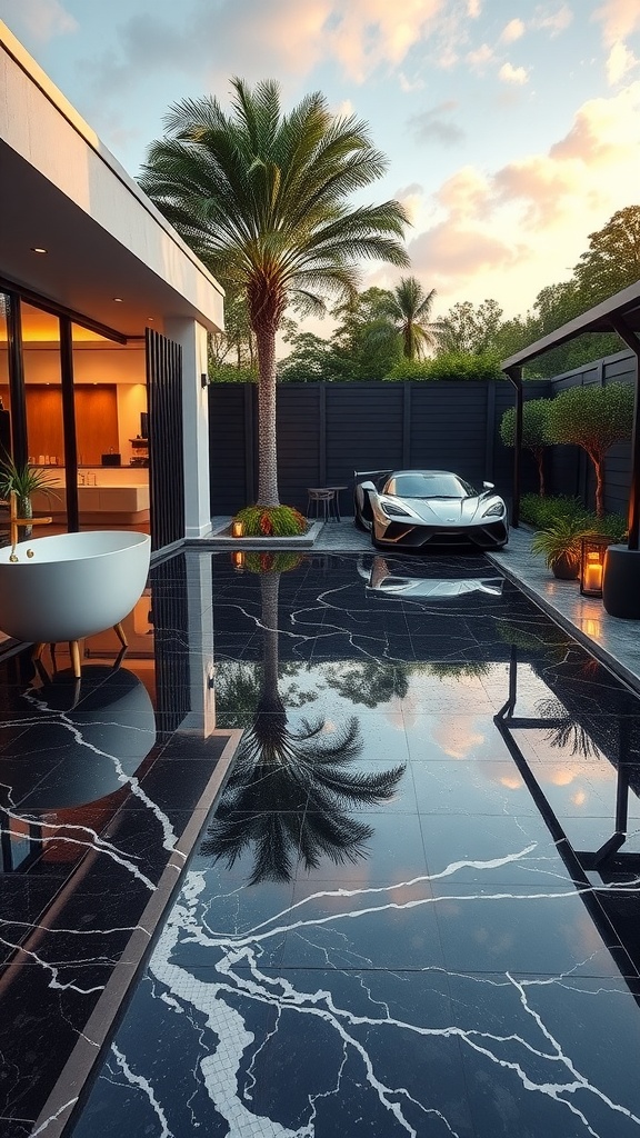 Luxurious outdoor patio with a sleek black epoxy floor and palm trees, featuring a modern car.