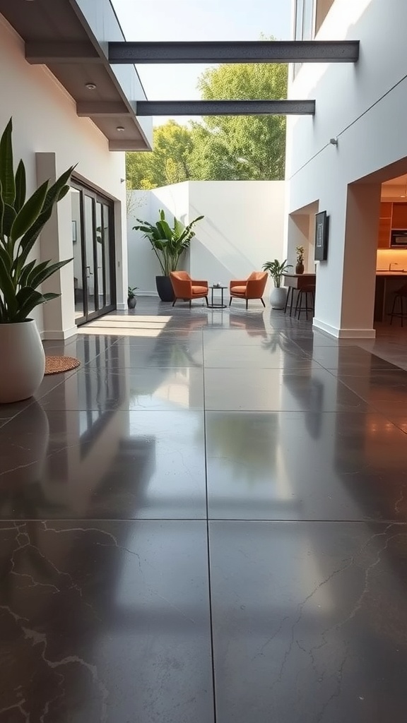 Modern outdoor space with polished concrete epoxy flooring and stylish furniture