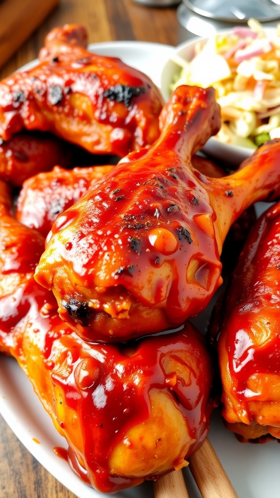 Oven-baked BBQ chicken drumsticks on a plate with a side of coleslaw.