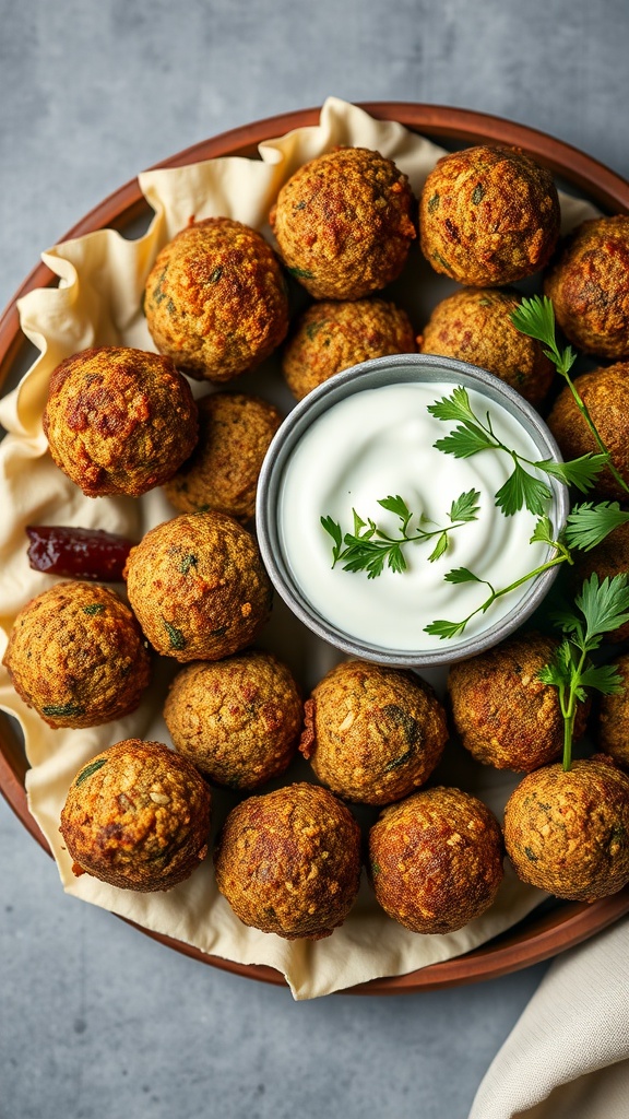Oven-baked falafel balls with tzatziki sauce