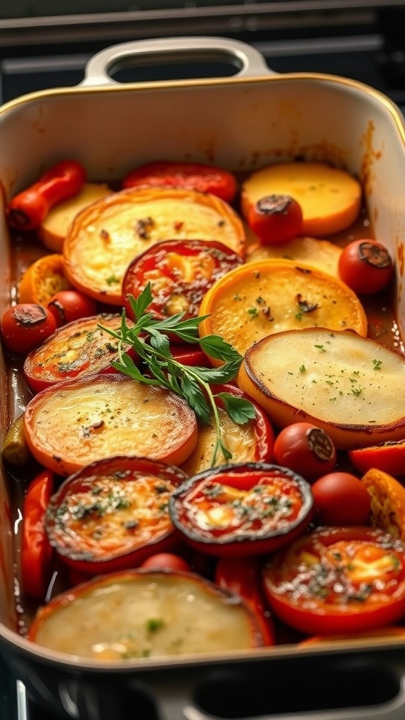 A colorful dish of oven-baked ratatouille with various vegetables layered beautifully.