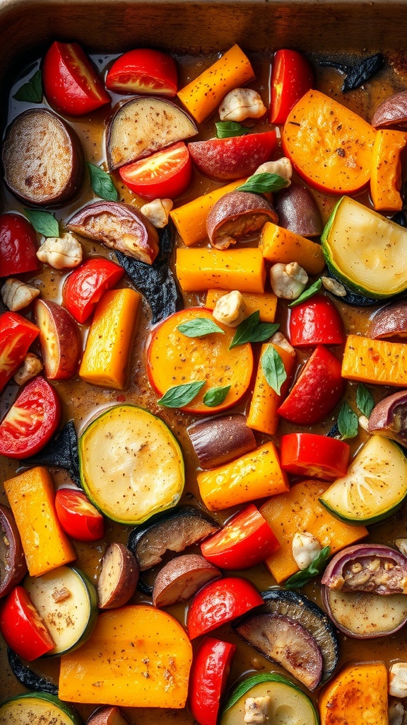 A colorful dish of oven-baked ratatouille featuring various vegetables.