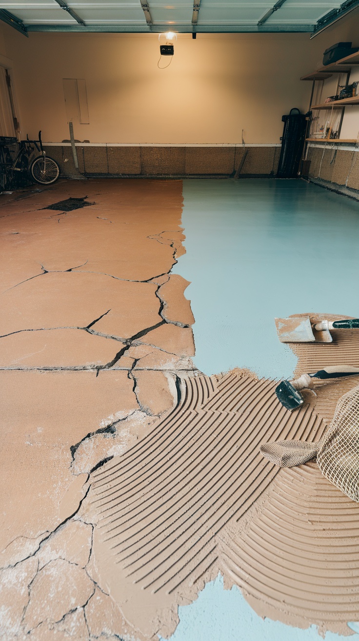 A partially finished garage floor showing cracked old surface and new epoxy application.