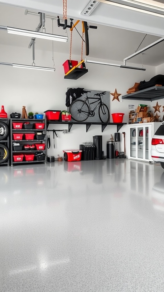 A well-organized garage with overhead storage holding seasonal items and an epoxy floor