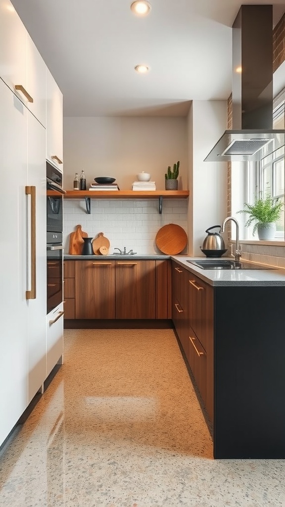 Interior of a modern living room with epoxy flooring featuring wood-style textures and a glossy finish.