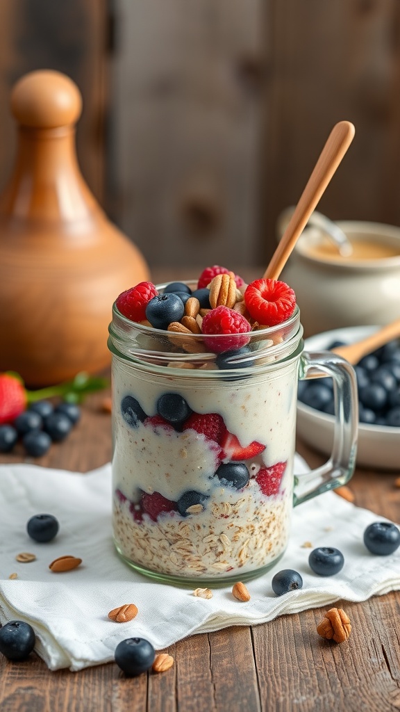 A jar of overnight oats layered with yogurt, berries, and nuts.