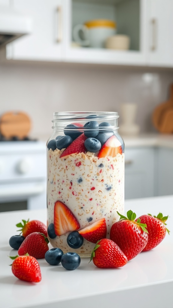 Jar of overnight oats topped with fresh strawberries and blueberries