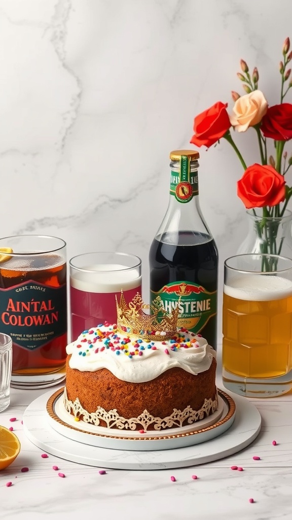 A traditional King Cake decorated with icing and colorful sprinkles, surrounded by various beverages.