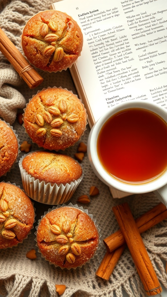 Cinnamon sugar donut muffins with a cup of tea and cinnamon sticks