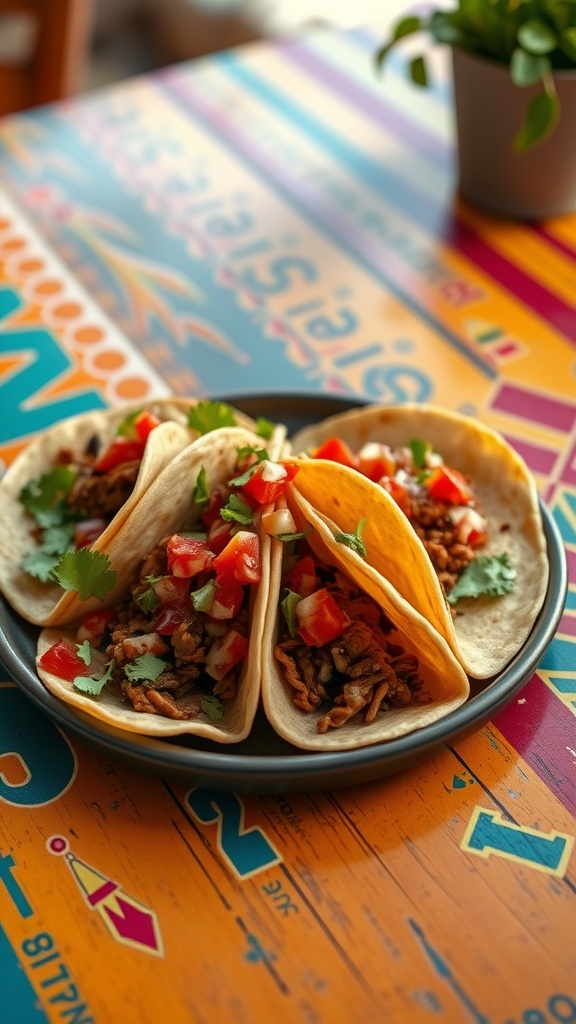 A platter of tacos topped with pico de gallo, cilantro, and colorful vegetables.