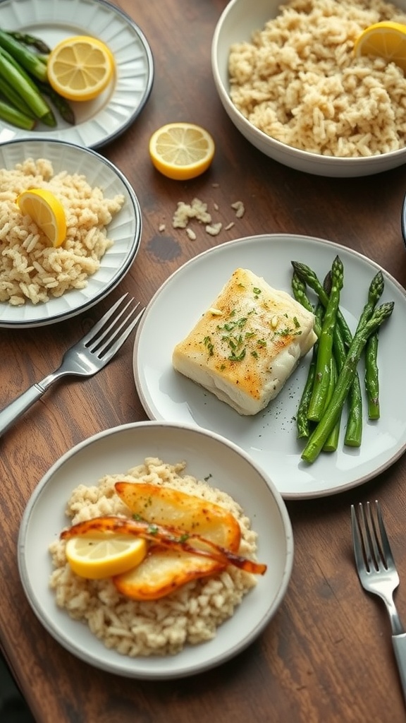 A beautifully plated dish of lemon butter cod with sides of rice and vegetables.