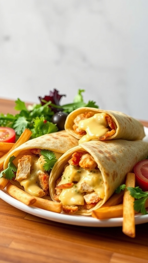 Cheesy garlic chicken wraps on a plate with fries and a fresh salad.