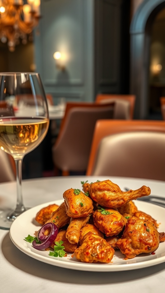 A plate of crispy Bang Bang Chicken served with a glass of wine.
