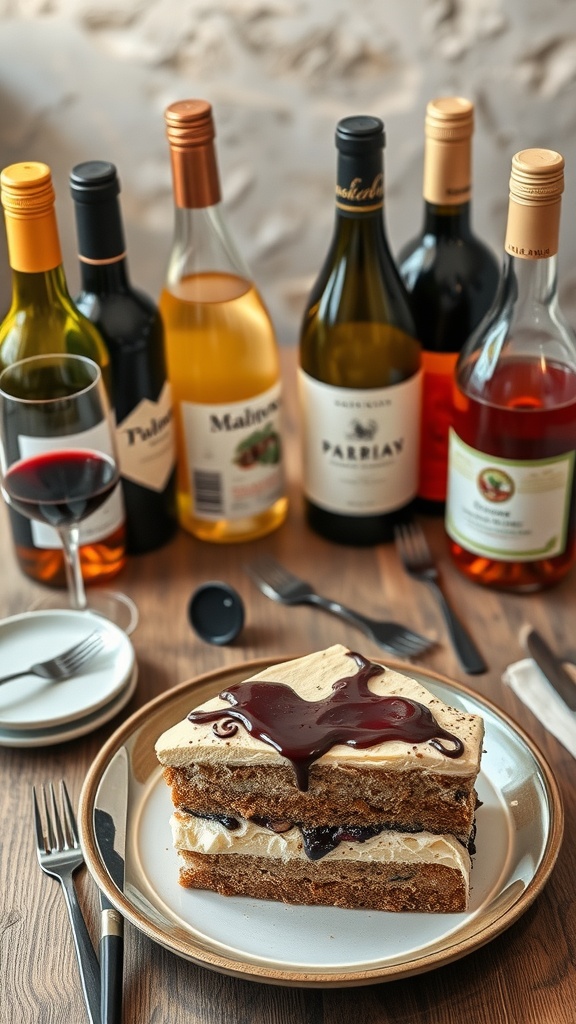 A slice of Neapolitan cake on a plate surrounded by various wine bottles.