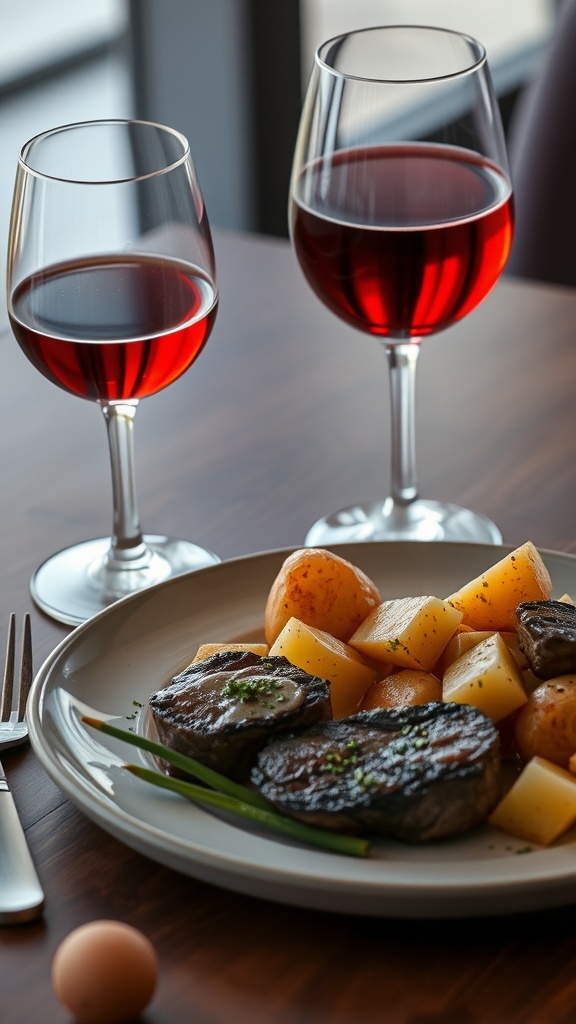 Delicious garlic butter steak bites and roasted potatoes ready to be enjoyed with a glass of red wine.