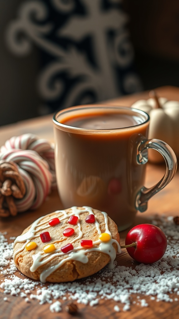 A plate of decorated cookies next to a mug of hot beverage, evoking a cozy atmosphere.