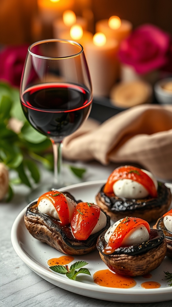 Delicious portobello mushrooms filled with caprese ingredients, ready to be paired with a glass of red wine.