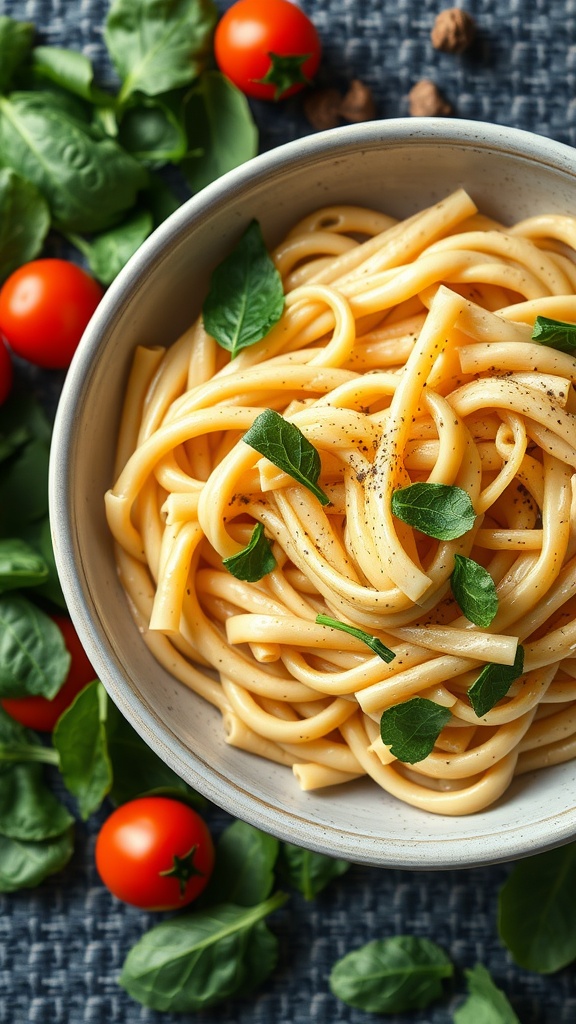 A bowl of creamy vegan caramelized onion pasta with fresh herbs and seasonal vegetables.