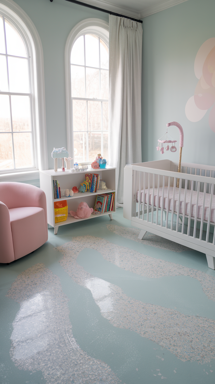 A cozy nursery with pastel colors and a flake pattern on the floor.