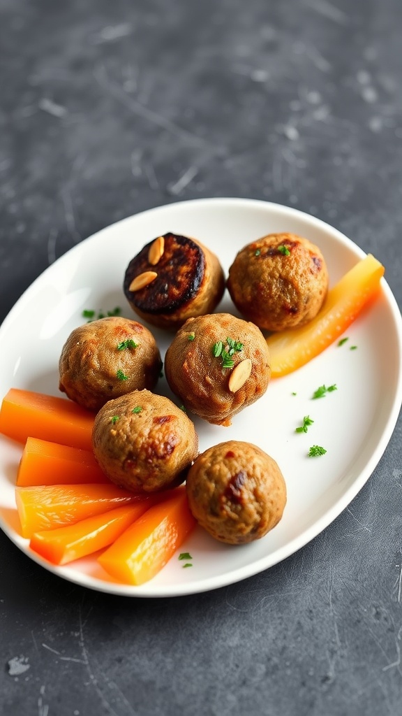 A plate of paleo-friendly sausage balls with fresh vegetables.