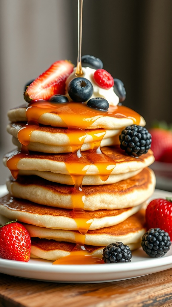 Stack of pancakes with maple syrup and fresh berries