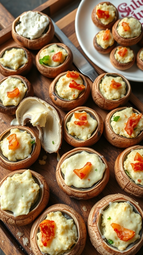 Parmesan and cream cheese stuffed mushrooms arranged beautifully.