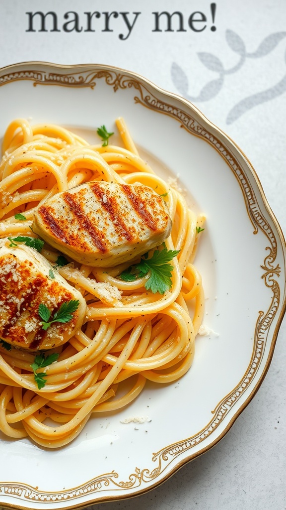A plate of spaghetti topped with Parmesan crusted chicken and garnished with parsley.